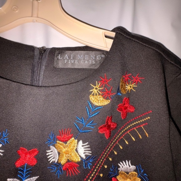 Lai Meng Five Cats Black Embroidered Flare Dress Zip Round Neck 3/4 Sleeve Large - Picture 6 of 11
